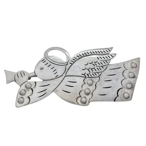 Estate Mexico Sterling Silver 925 Trumpeting Angel Brooch Pin - Picture 3 of 7